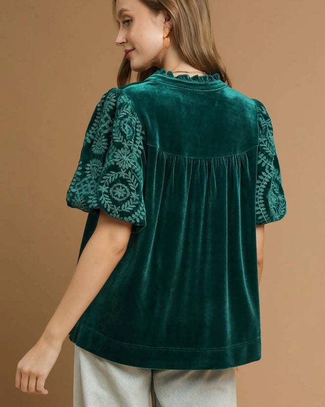 Umgee Velvet Embroidered Sleeve Blouse