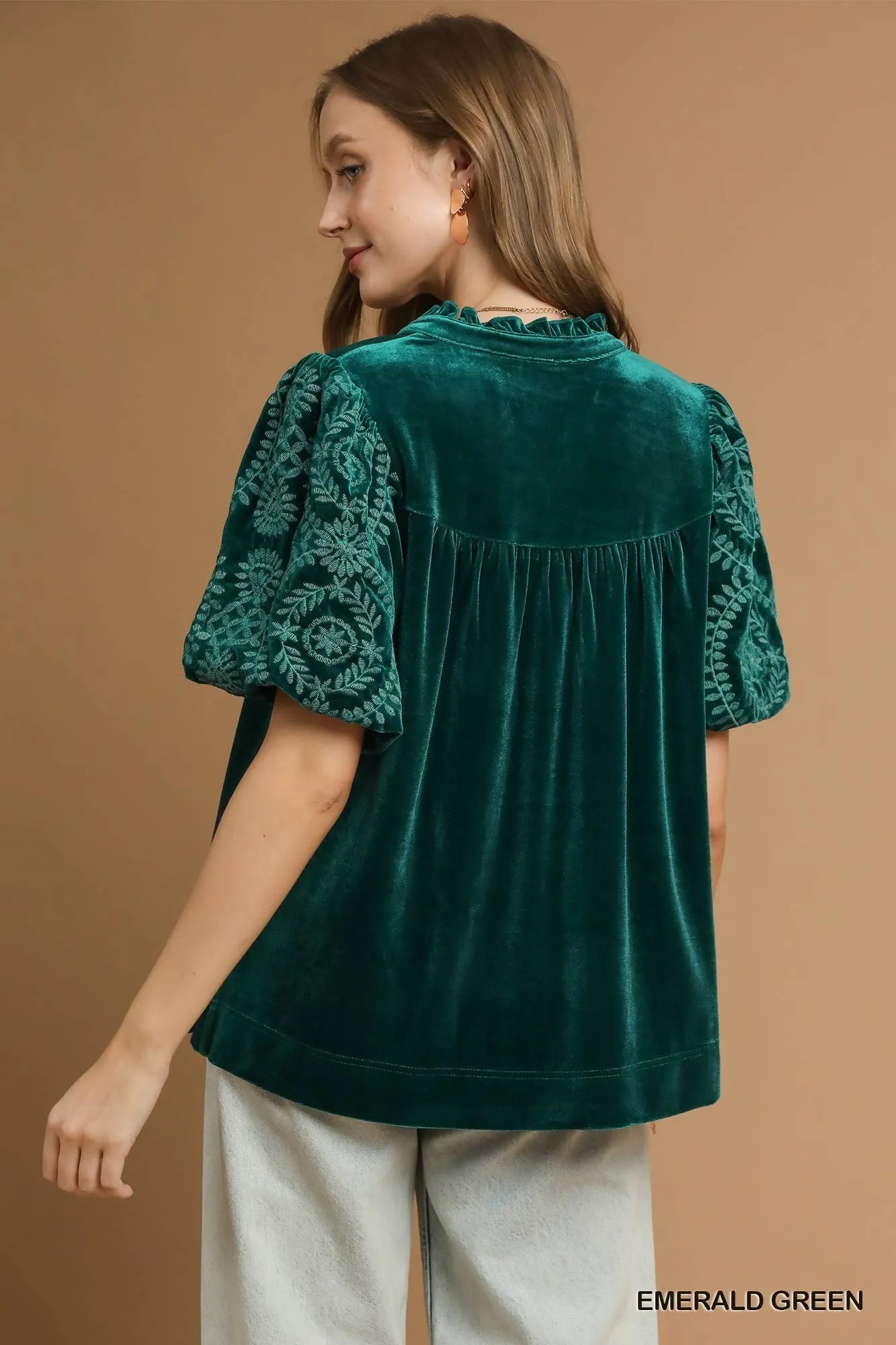 Umgee Velvet Embroidered Sleeve Blouse