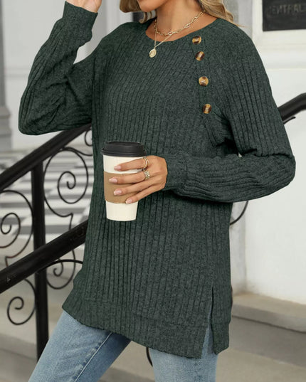 Ribbed Round Neck Long Sleeve T-Shirt