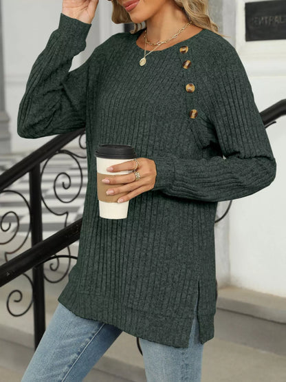 Ribbed Round Neck Long Sleeve T-Shirt