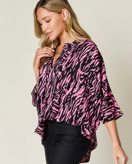 Double Take Full Size Printed Notched Three-Quarter Sleeve Blouse