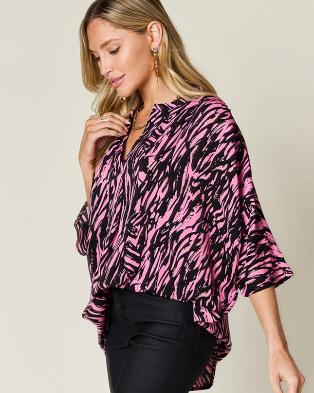 Double Take Full Size Printed Notched Three-Quarter Sleeve Blouse