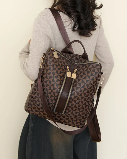 Geometric Pattern Backpack Bag Brown One Size
