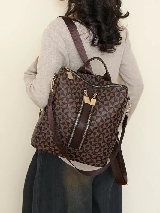 Geometric Pattern Backpack Bag Brown One Size