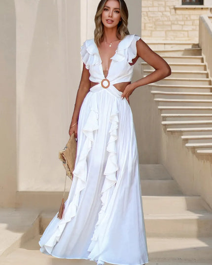 Cutout Ruffled Cap Sleeve Maxi Dress