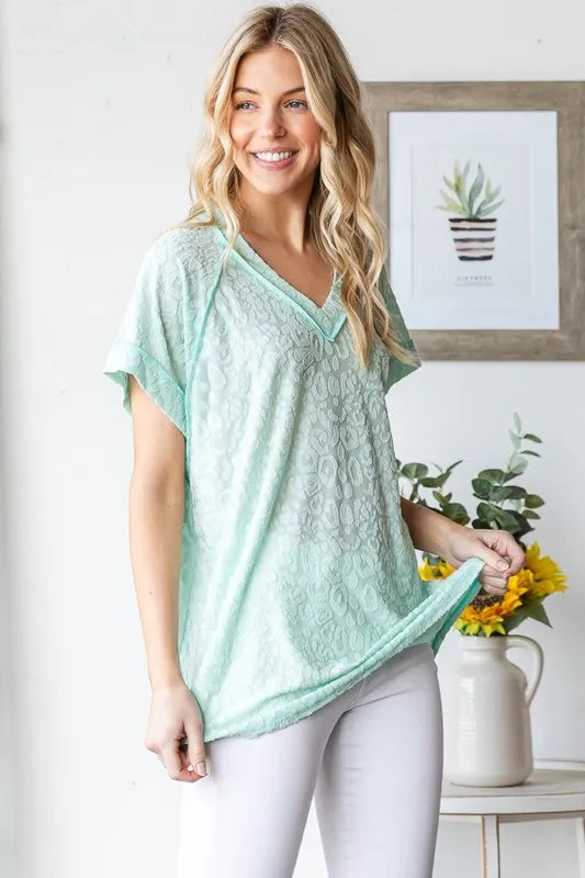 Heimish Full Size Exposed Seam V-Neck Short Sleeve Leopard Top Plus Size