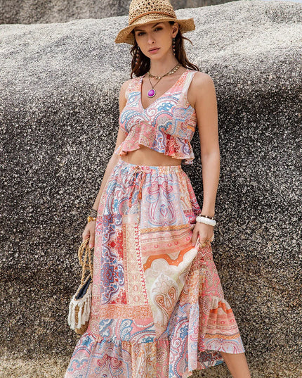 Printed V-Neck Top and Midi Skirt Set