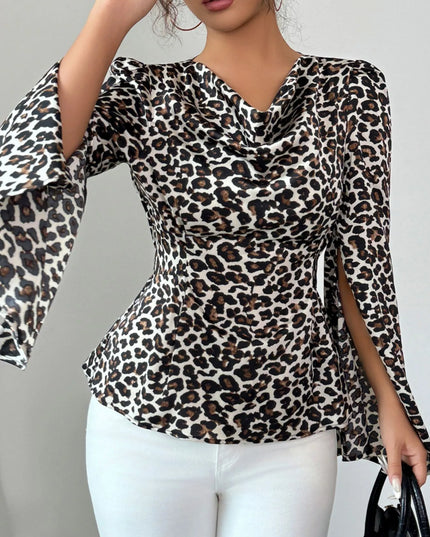 Leopard Print Slit Sleeve Blouse Brown