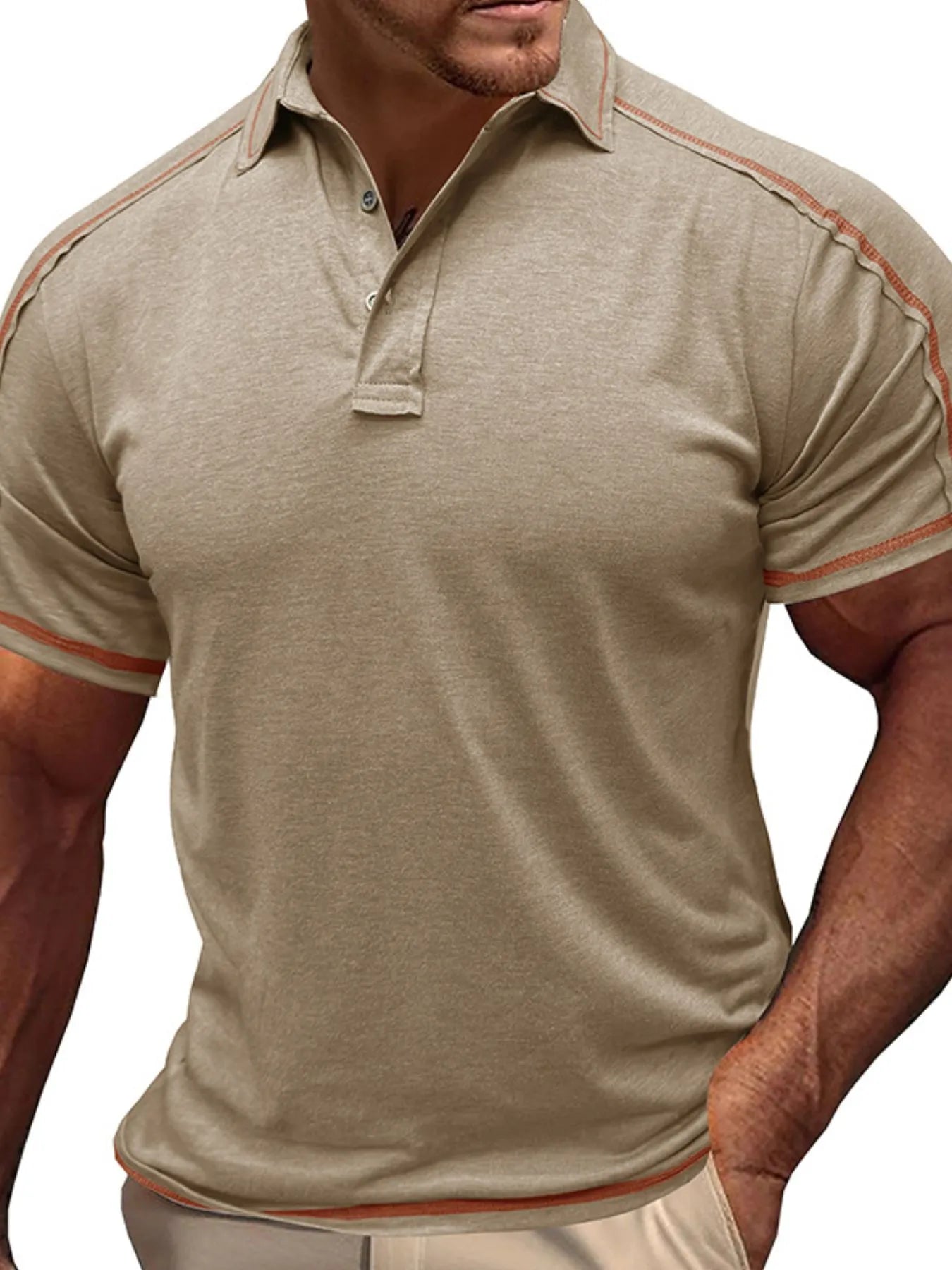 Men's Collared Neck Polo Shirt with Contrast Piping Taupe