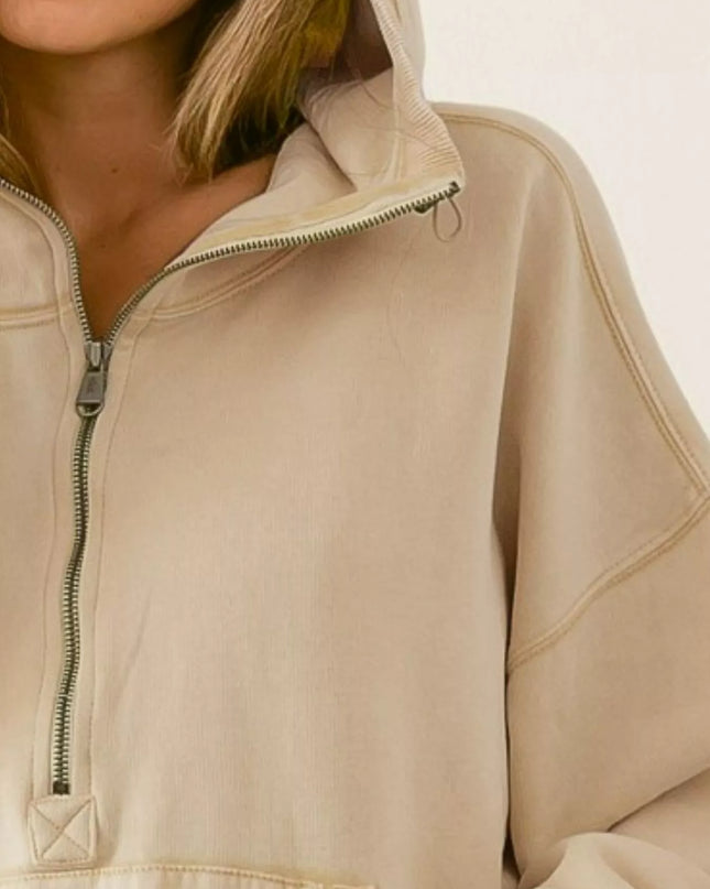 BiBi Stitch Detailed Elastic Hem Half Zip Fleece Hoodie