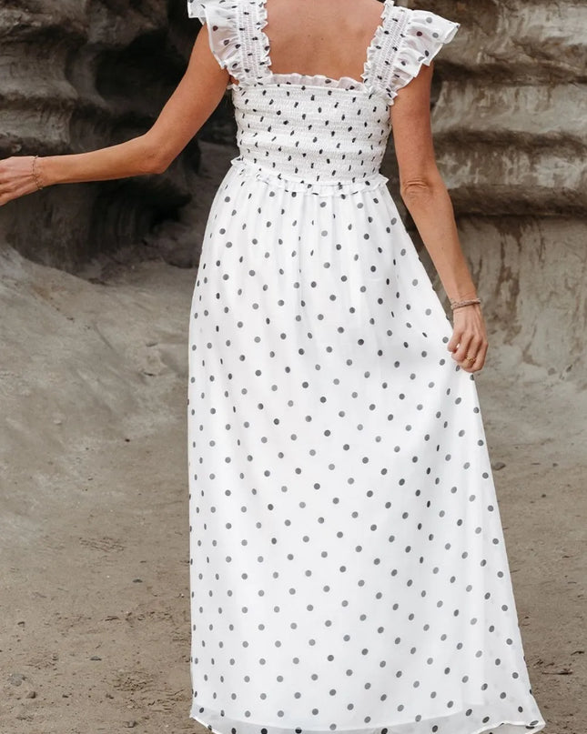 Polka Dot Ruffle Sleeve Smocked Midi Dress