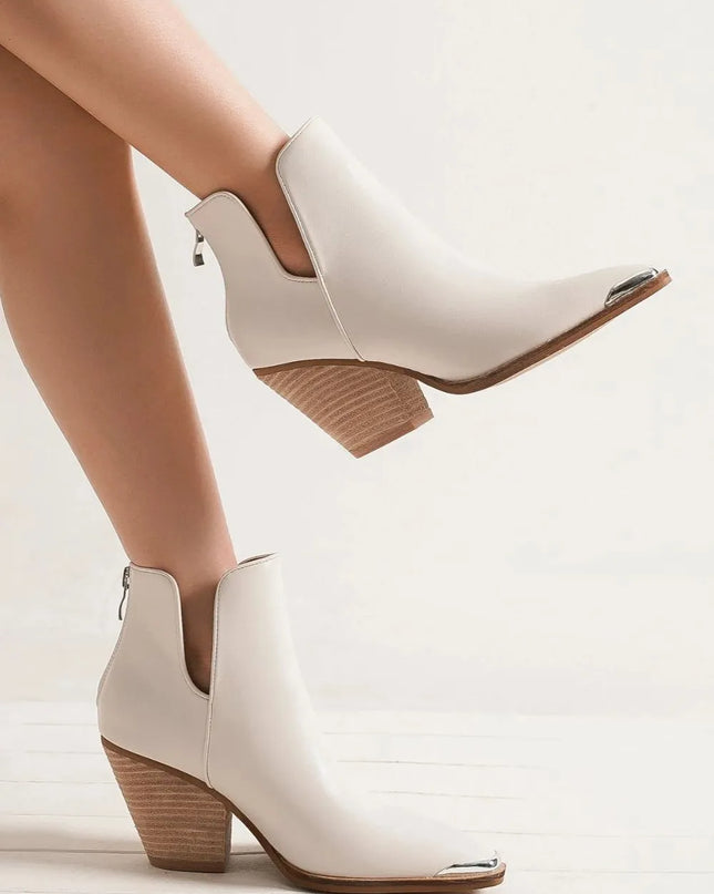 Beast Fashion Pointed Metal-Tip Toe Block Heel Ankle Boots White