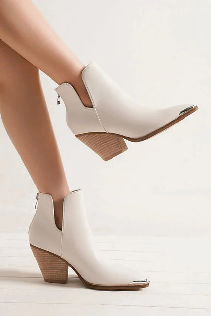 Beast Fashion Pointed Metal-Tip Toe Block Heel Ankle Boots White