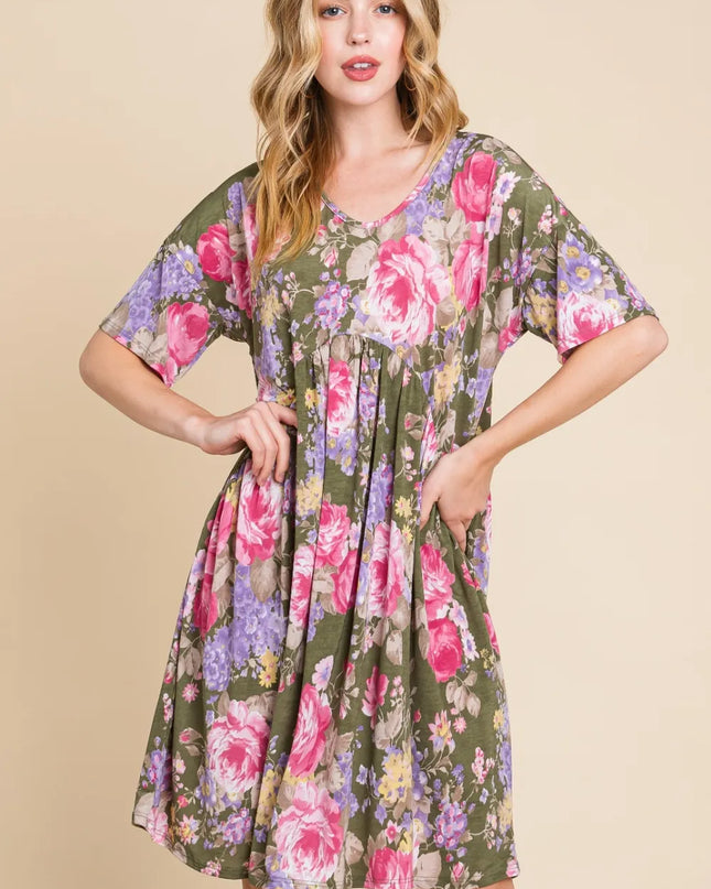 BOMBOM Flower Print V-Neck Ruched Dress