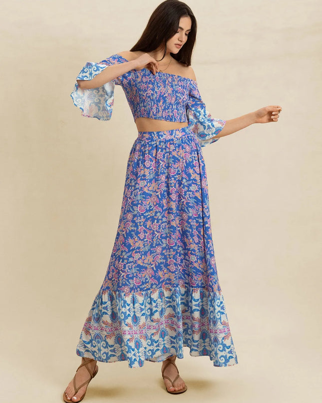 Smocked Off-Shoulder Printed Top and Skirt Set