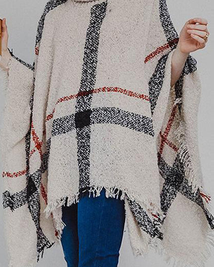 Plaid Turtleneck Raw Hem Poncho