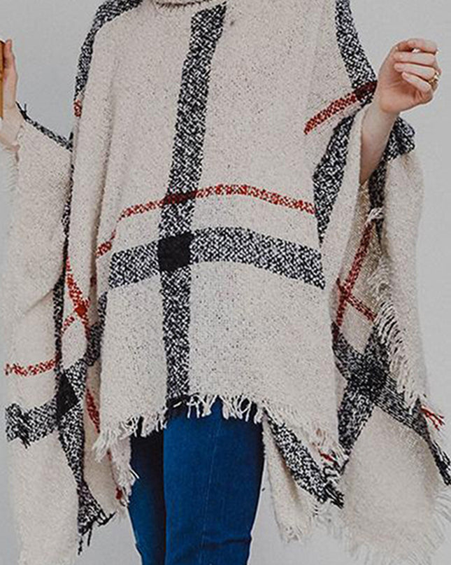 Plaid Turtleneck Raw Hem Poncho