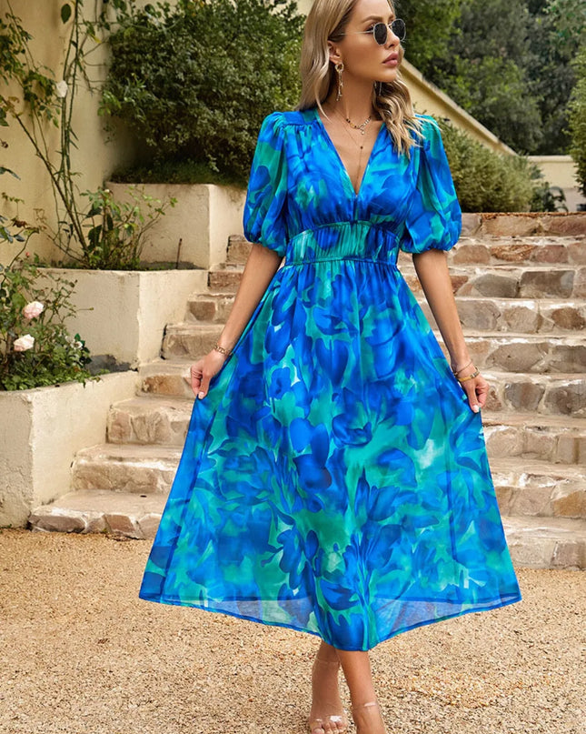 Printed Puff Sleeve Midi Dress 