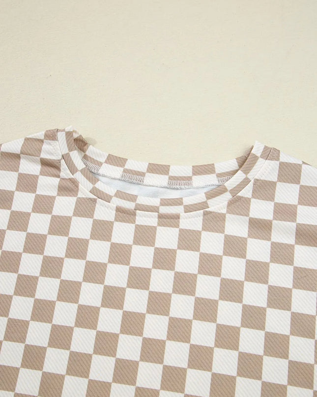 Checkered Long Sleeve Top and Skirt Two-Piece Set