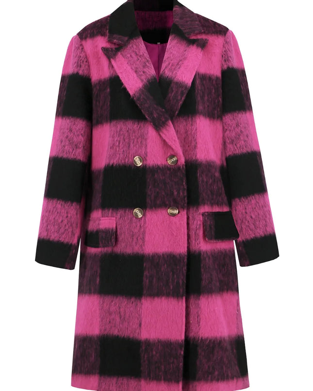 Plaid Double-Breasted Long Sleeve Coat