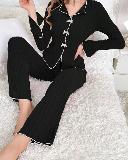 Ribbed Bow Front Top and Pants Lounge Set