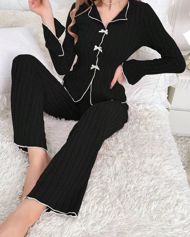 Ribbed Bow Front Top and Pants Lounge Set