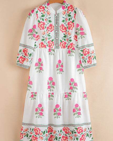 Floral Print Half Button Mandarin Neck 3/4 Sleeve Maxi Dress