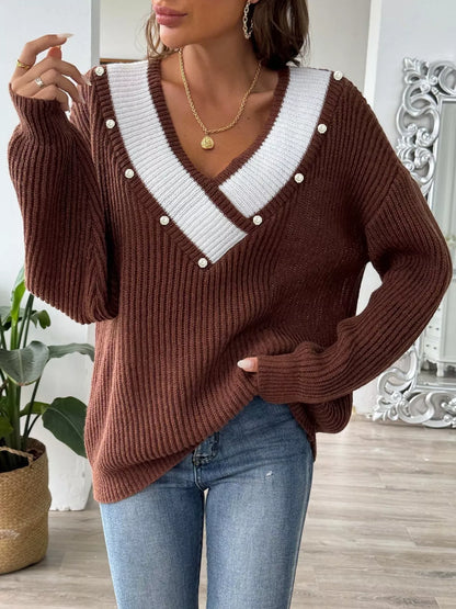 V-Neck Button-Decorated Sweater