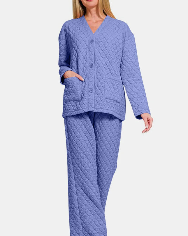 Zenana Quilted Button Up Long Sleeve Top and Pants Lounge Set