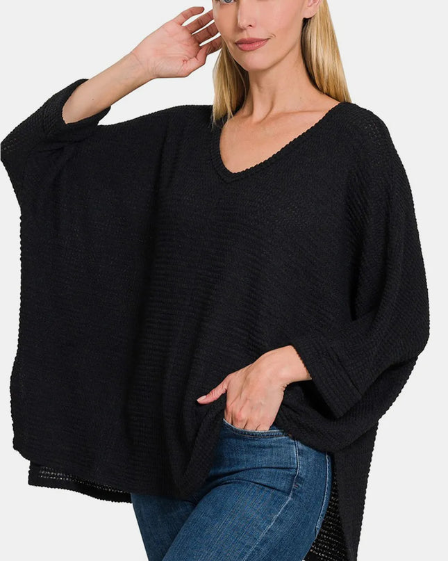 Zenana Full Size Waffle Knit V-Neck Long Sleeve Slit Top Black