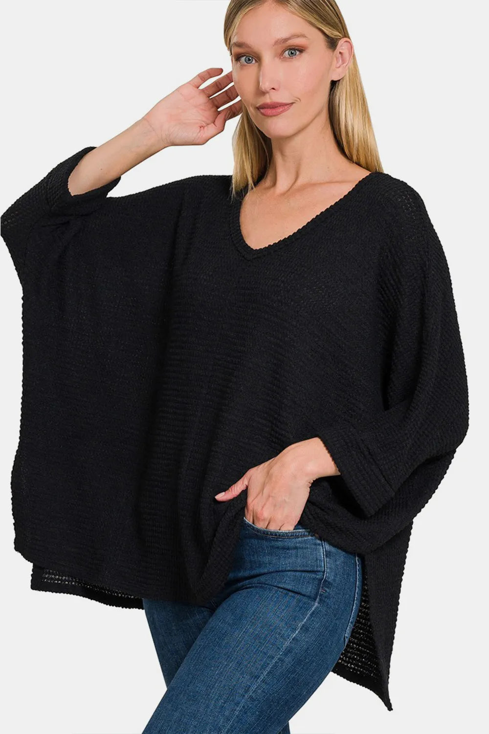 Zenana Full Size Waffle Knit V-Neck Long Sleeve Slit Top Black