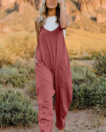 Double Take Full Size V-Neck Sleeveless Jumpsuit with Pockets Pink