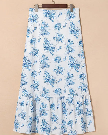 Split Asymmetrical Ruffled Printed Skirt