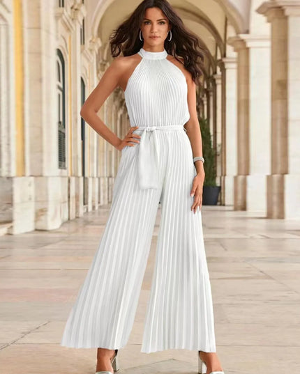 Pleated Sleeveless Wide Leg Jumpsuit White
