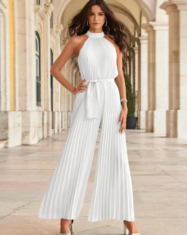 Pleated Sleeveless Wide Leg Jumpsuit White