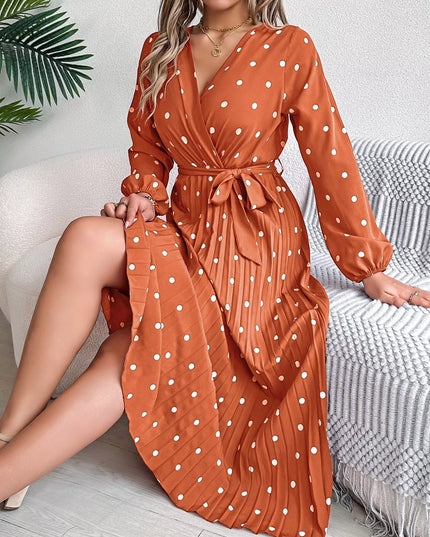 Front Tie Polka Dot Midi Pleated Dress Terracotta