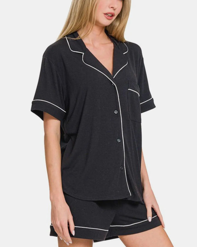 Zenana Button Down Short Sleeve Top and Shorts Lounge Set