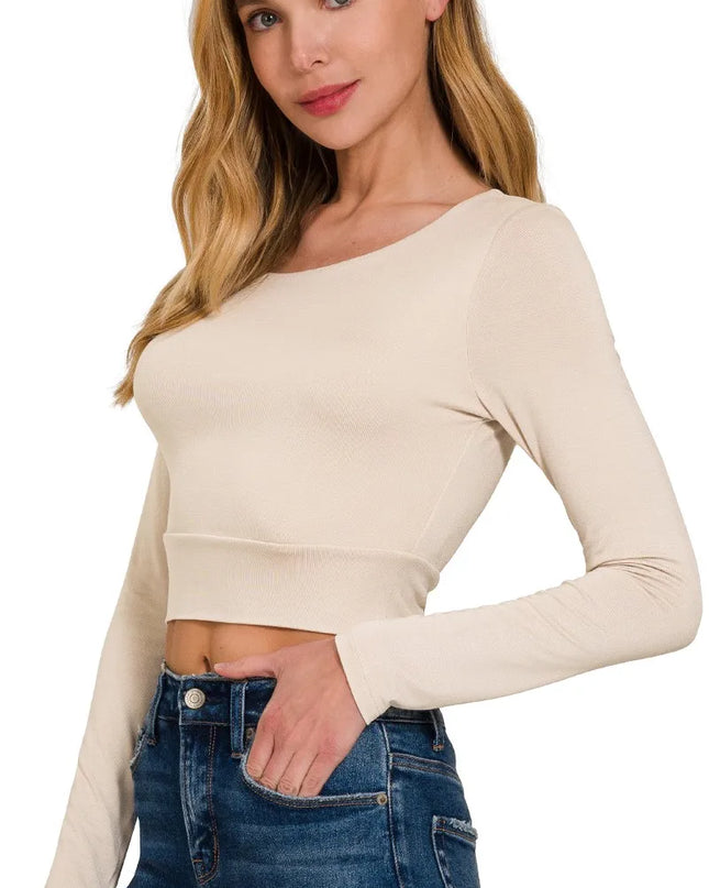 Zenana Double Layered Long Sleeve Cropped Round Neck T-Shirt