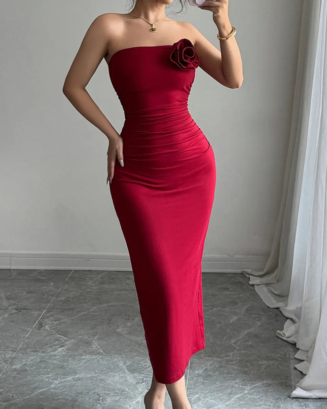 Slit Back Flower Tube Midi Dress 