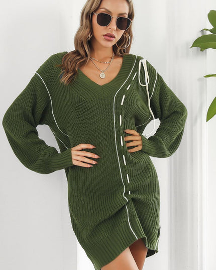 Contrast V-Neck Sweater Dress Army Green