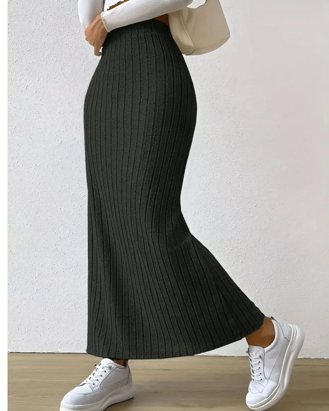 High Waist Ribbed Knit Maxi Skirt Black