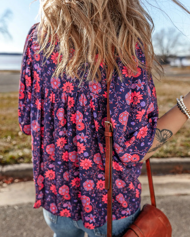 Floral Half Sleeve Split Neck Blouse Top