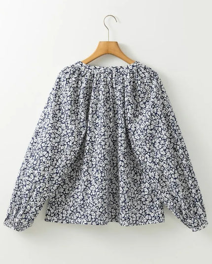 Floral Print Notched Long Sleeve Blouse