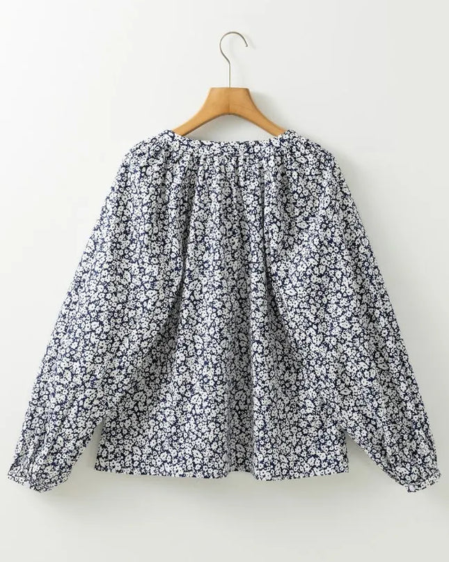 Floral Print Notched Long Sleeve Blouse