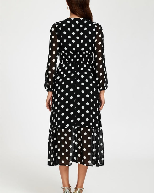 Dot Print Lace Trim Long Sleeve Maxi Dress in Black