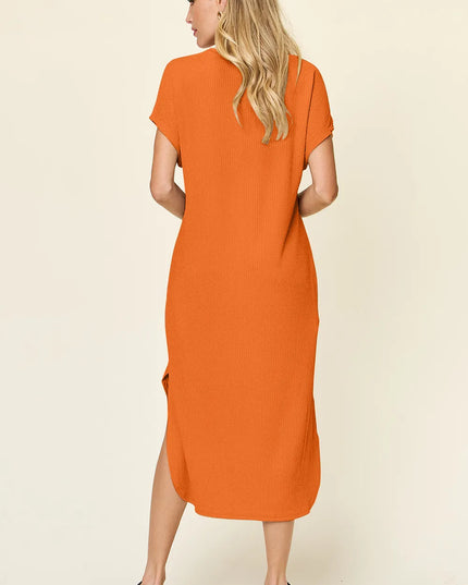 Double Take Full Size Round Neck Short Sleeve Slit Dress
