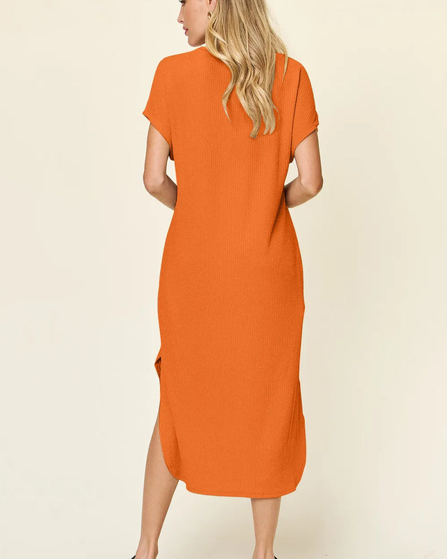 Double Take Full Size Round Neck Short Sleeve Slit Dress