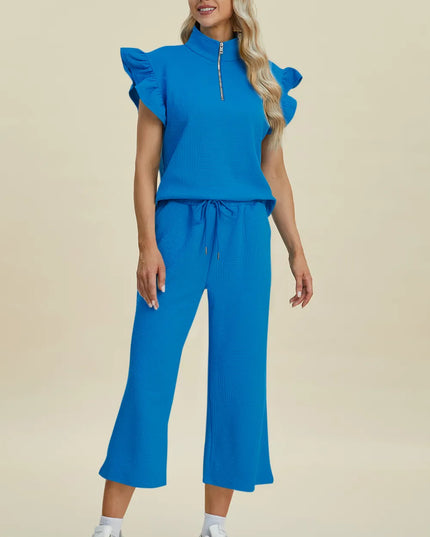 Double Take Full Size Texture Ruffle Short Sleeve Top and Wide Leg Pants Set