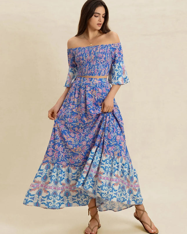 Smocked Off-Shoulder Printed Top and Skirt Set