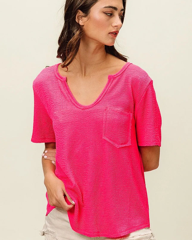 BiBi Waved Rib U Neck Top With Front Pocket